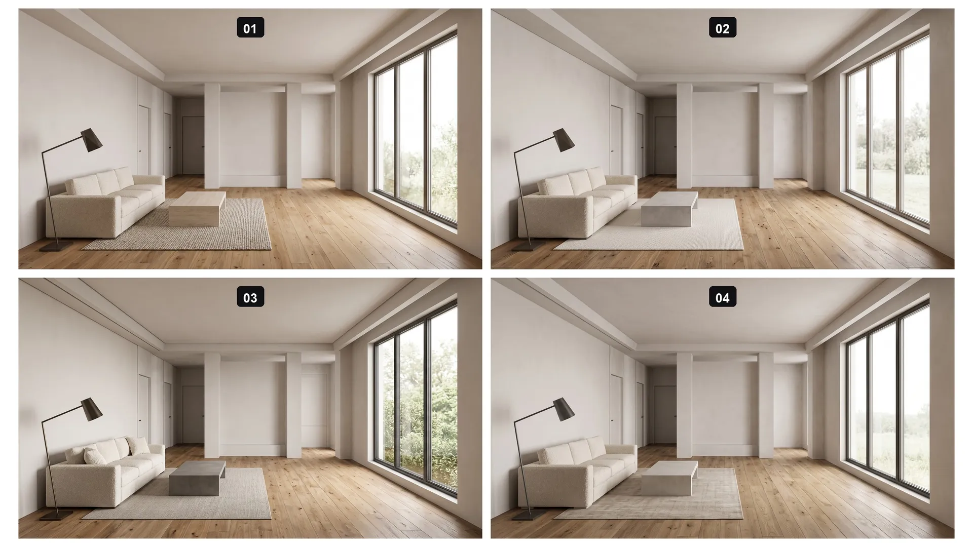Four numbered visualization options of the same living room, returned from a single generation run on getimg.ai: each has a warm wide-plank oak floor and an off-white boucle sofa, differing in rug, coffee table and daylight.