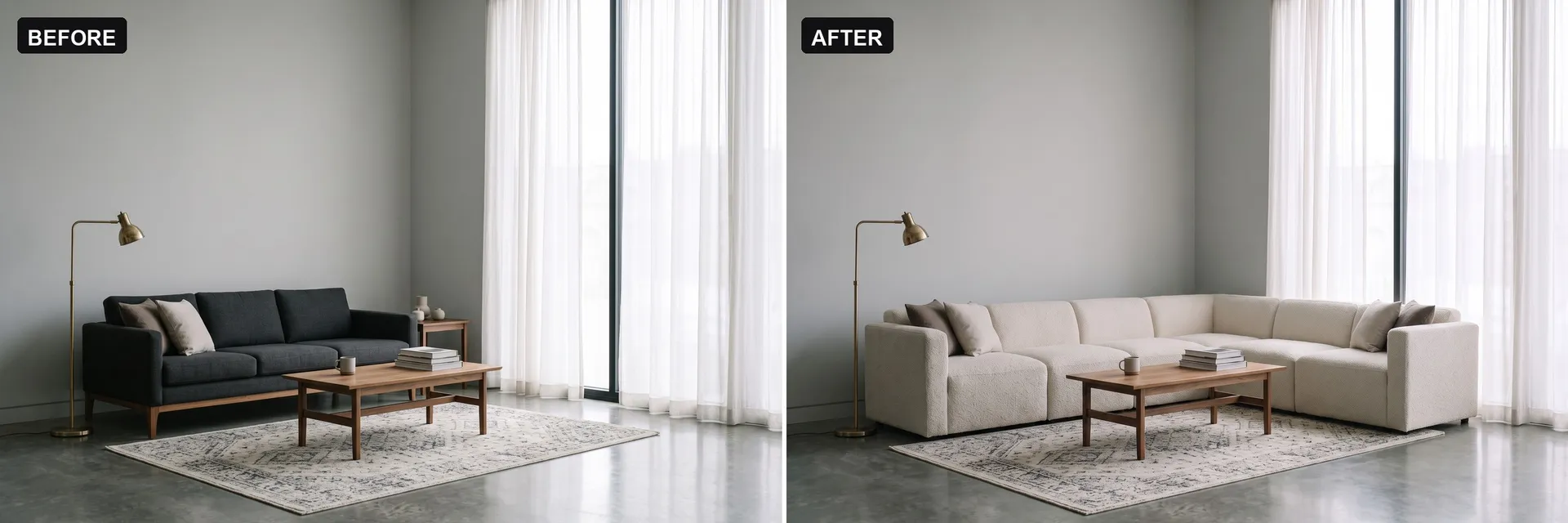 Before and after split image of a mid-century living room: on the left the original dark charcoal sofa, on the right a low-profile off-white boucle sectional, with the rug, coffee table, floor lamp and window light unchanged, edited from a text prompt on getimg.ai.