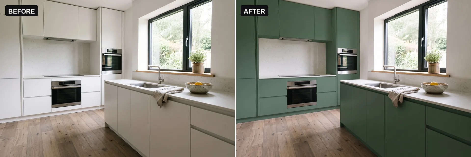 Before and after split image of a modern kitchen: on the left white cabinet fronts with a pale quartz counter, on the right matte deep-green cabinets with a honed white marble counter and backsplash, with the layout, appliances, window and oak floor unchanged, edited from a text prompt on getimg.ai.