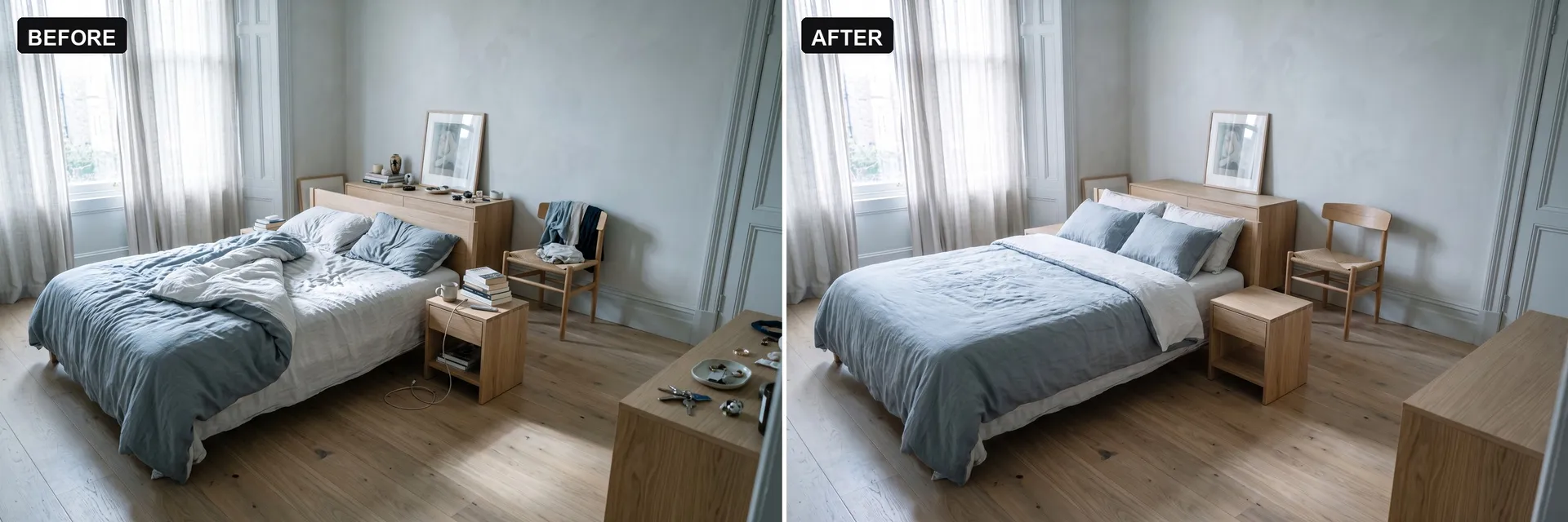 Before and after split image of a bedroom: on the left an unmade bed with a cluttered nightstand, clothes on the chair and items across the dresser, on the right the same room made and cleared, with the furniture, finishes and light unchanged, edited from a text prompt on getimg.ai.