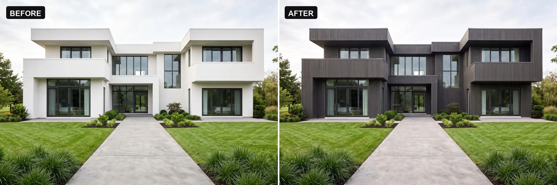 Before and after split image of a modern two-storey house: on the left white rendered walls, on the right vertical charcoal-stained timber battens, with the building form, roofline, windows, path and planting unchanged, edited from a text prompt on getimg.ai.