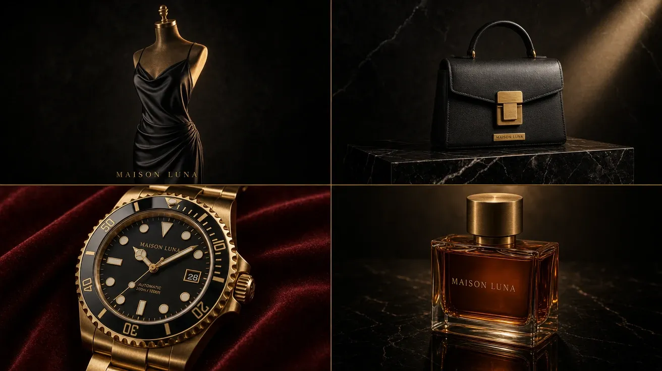 Luxury style 2x2 grid of MAISON LUNA product shots
