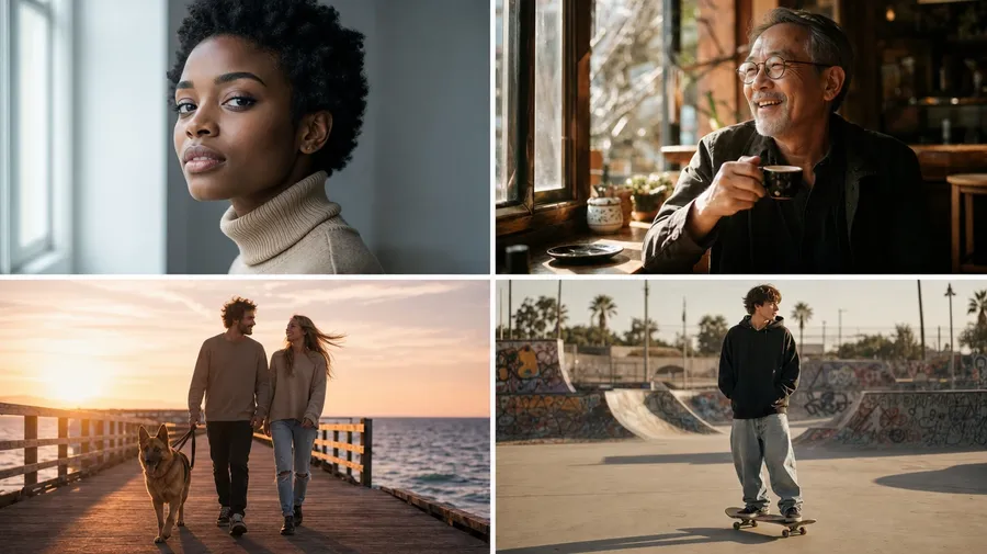 Four editorial portrait and lifestyle photographs arranged in a 2x2 grid showcasing variety