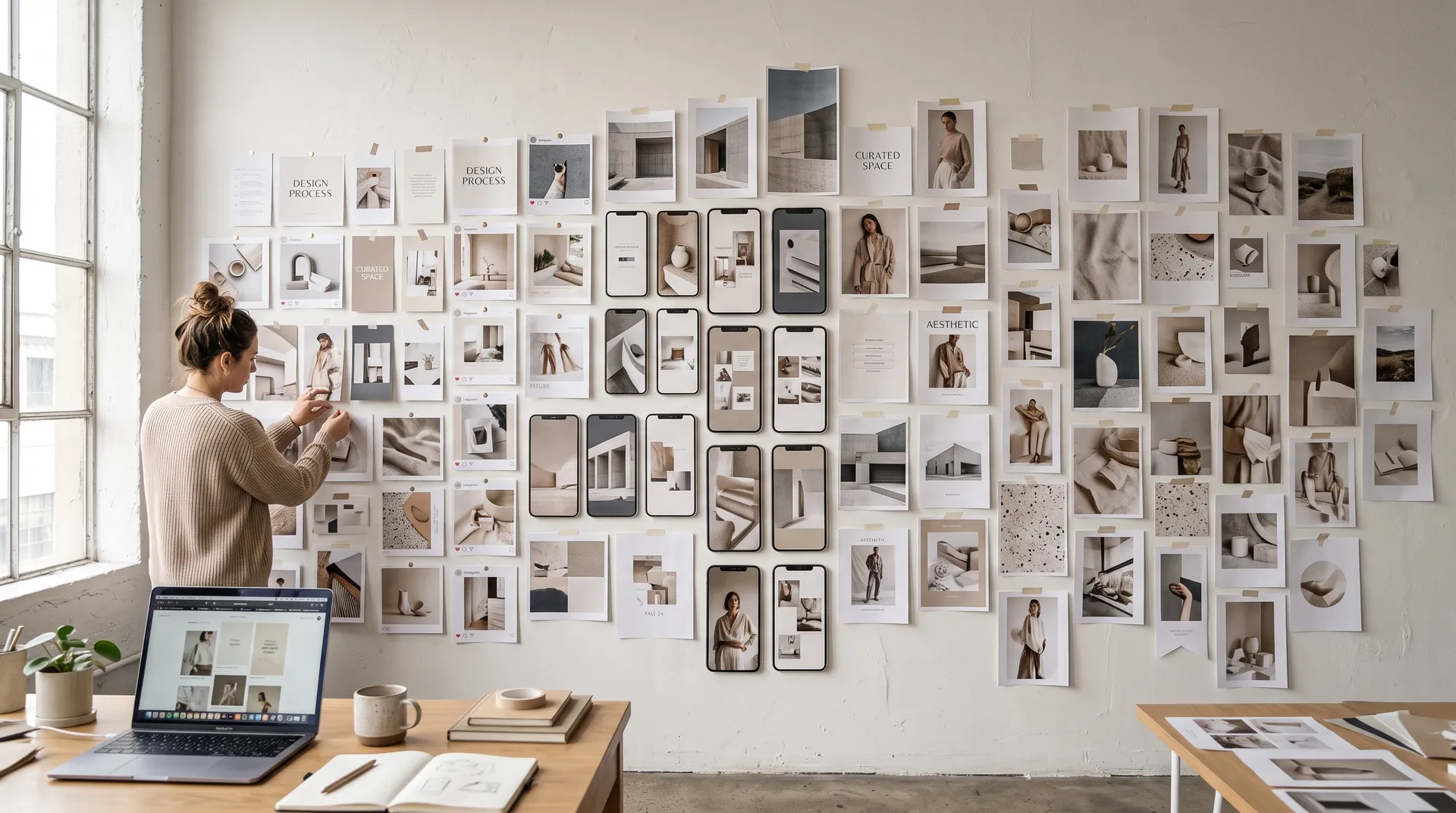 Studio wall covered with printed social media visuals in square, vertical and wide formats while a person pins up another print, 16:9 image created with getimg.ai