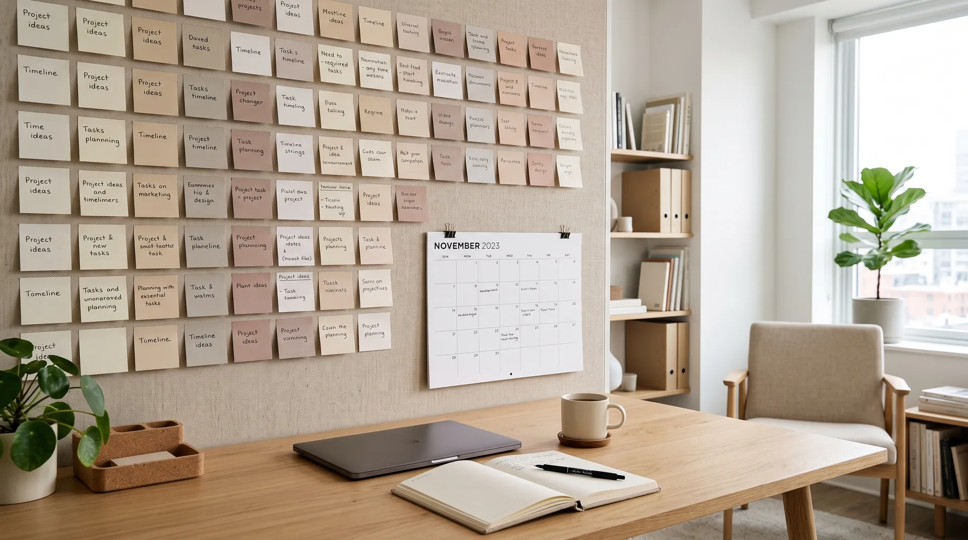 Office planning wall of sticky notes and a printed monthly calendar above a desk with a closed laptop and open notebook, 16:9 image created with getimg.ai