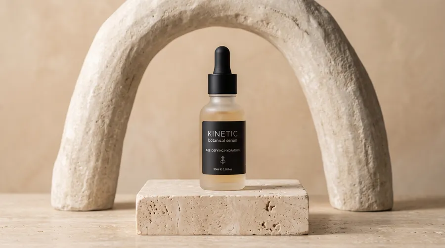 Frosted glass serum bottle with a black dropper on a travertine plinth in front of a sculptural stone arch, 16:9 product visual created with getimg.ai