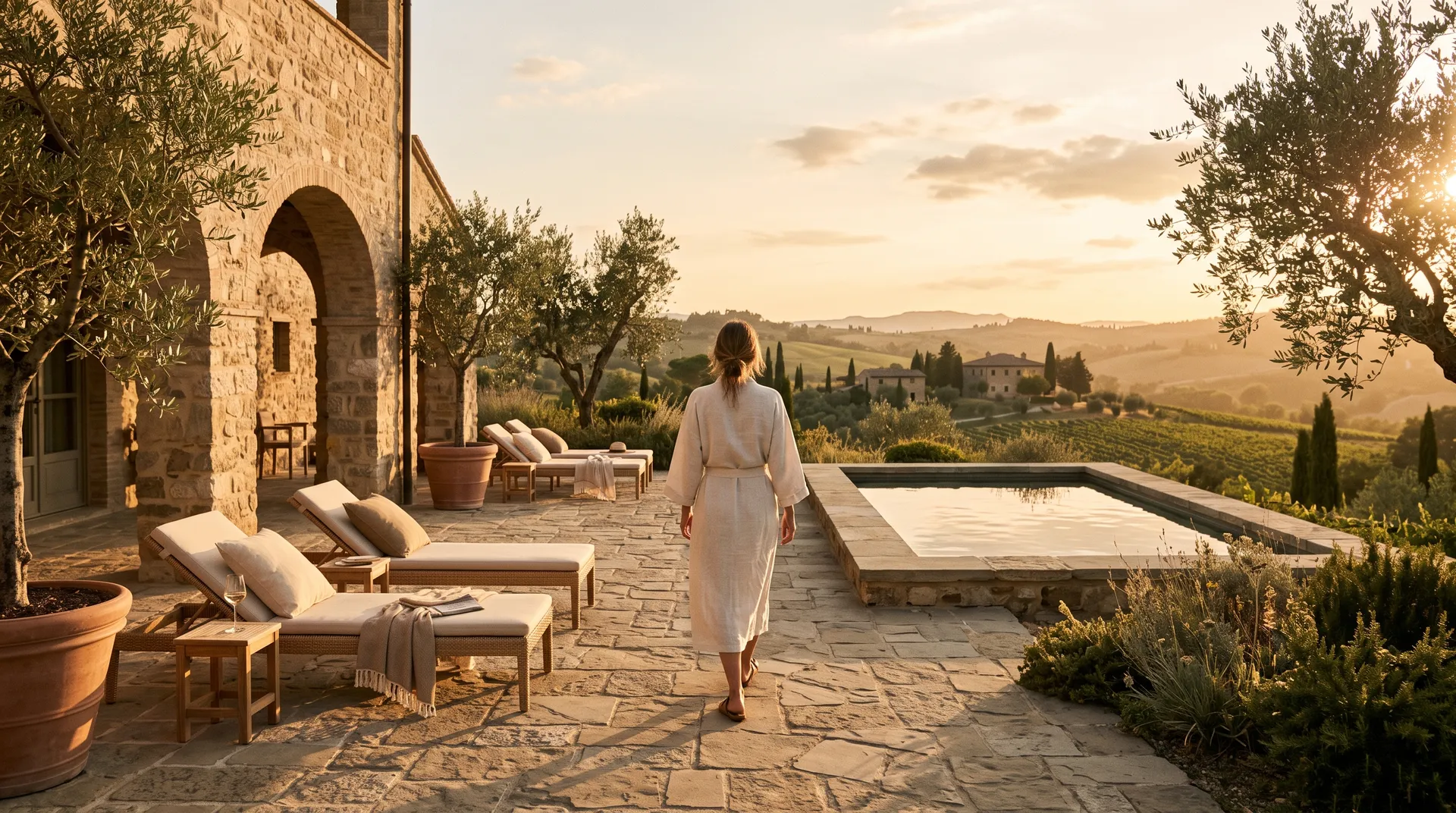 Boutique hotel terrace at golden hour with rattan loungers, a plunge pool and olive trees above a vineyard valley, wide campaign visual created with getimg.ai