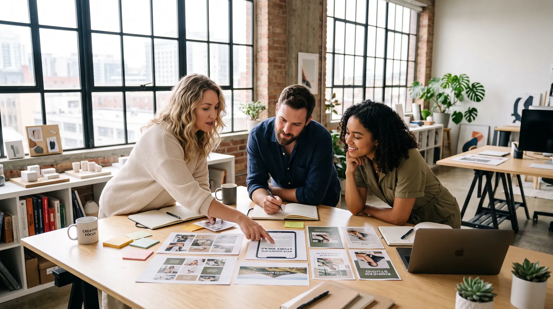 Three colleagues around a studio table reviewing printed social media layouts in different formats, 16:9 image created with getimg.ai
