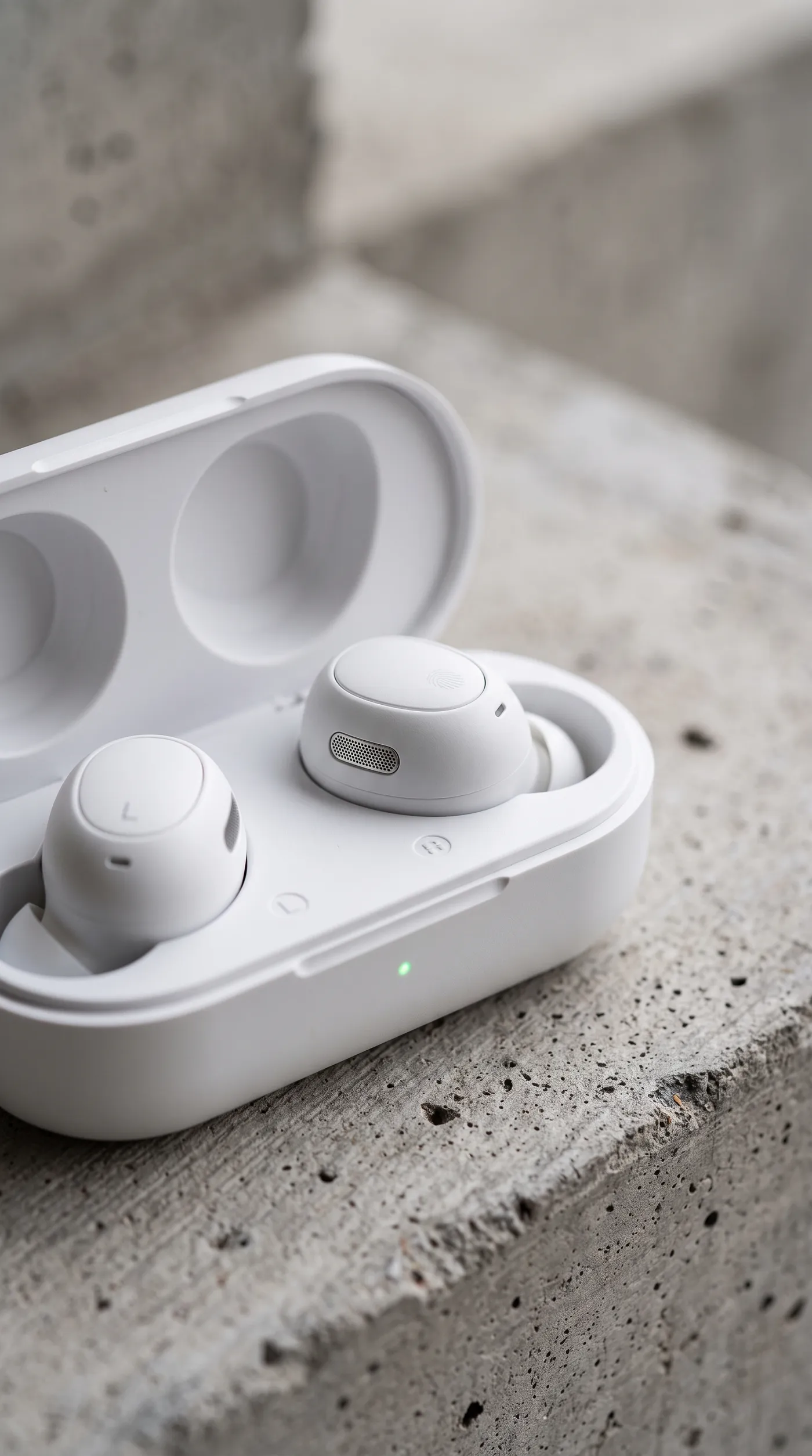 Vertical opening frame showing a close-up of matte white wireless earbuds in an open charging case on concrete, 9:16 hook variation created with getimg.ai