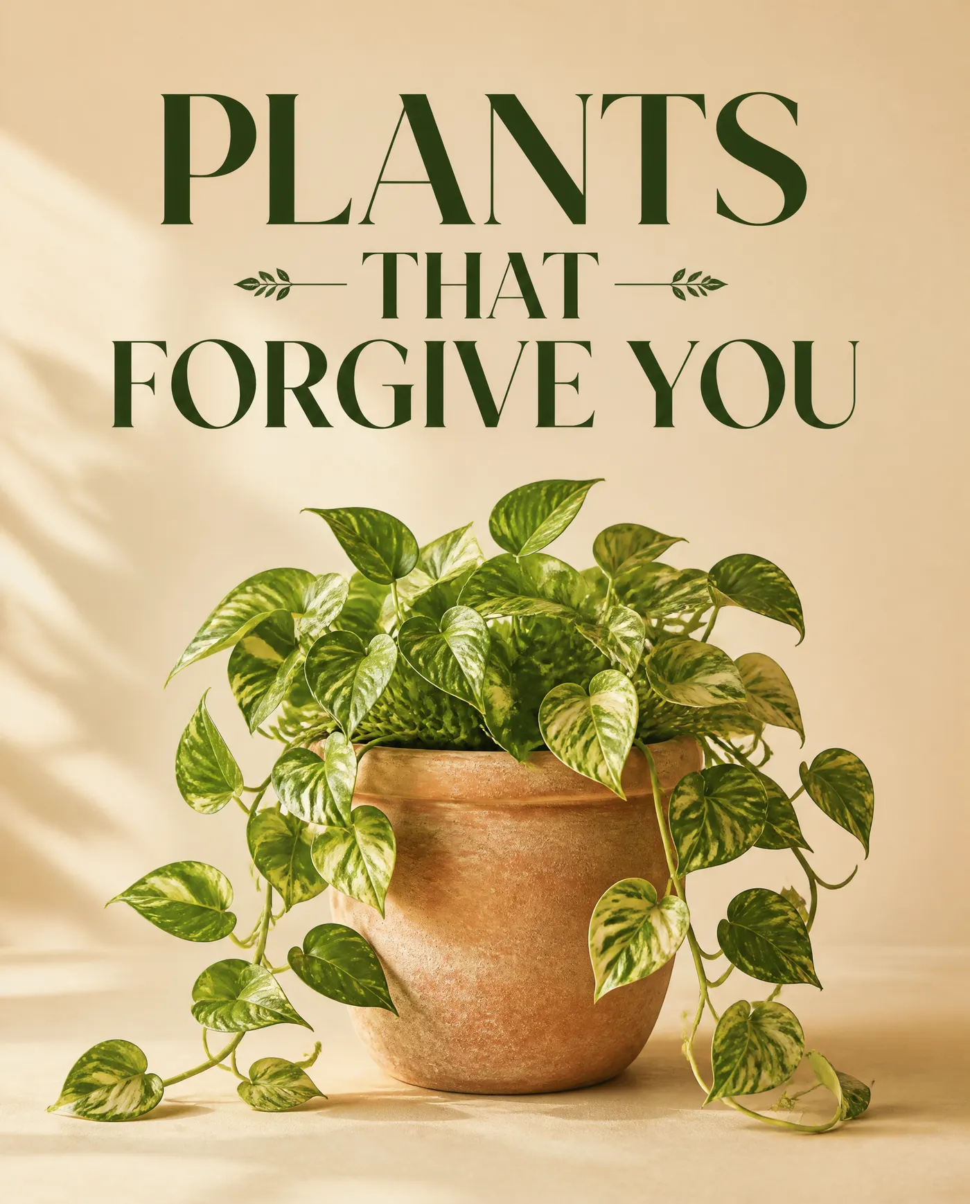 Carousel cover slide reading PLANTS THAT FORGIVE YOU above a trailing pothos in a terracotta pot on a sand background, 4:5 slide created with getimg.ai