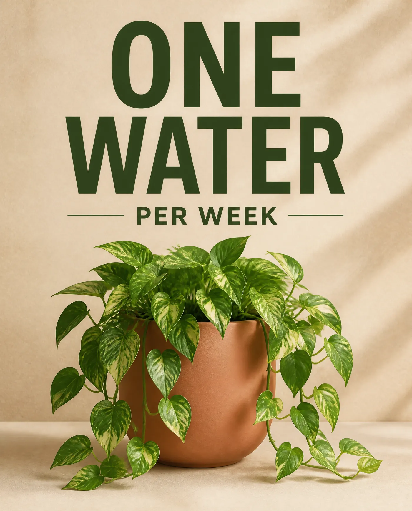 Carousel slide with large green type reading ONE WATER PER WEEK above a potted pothos plant, 4:5 slide created with getimg.ai