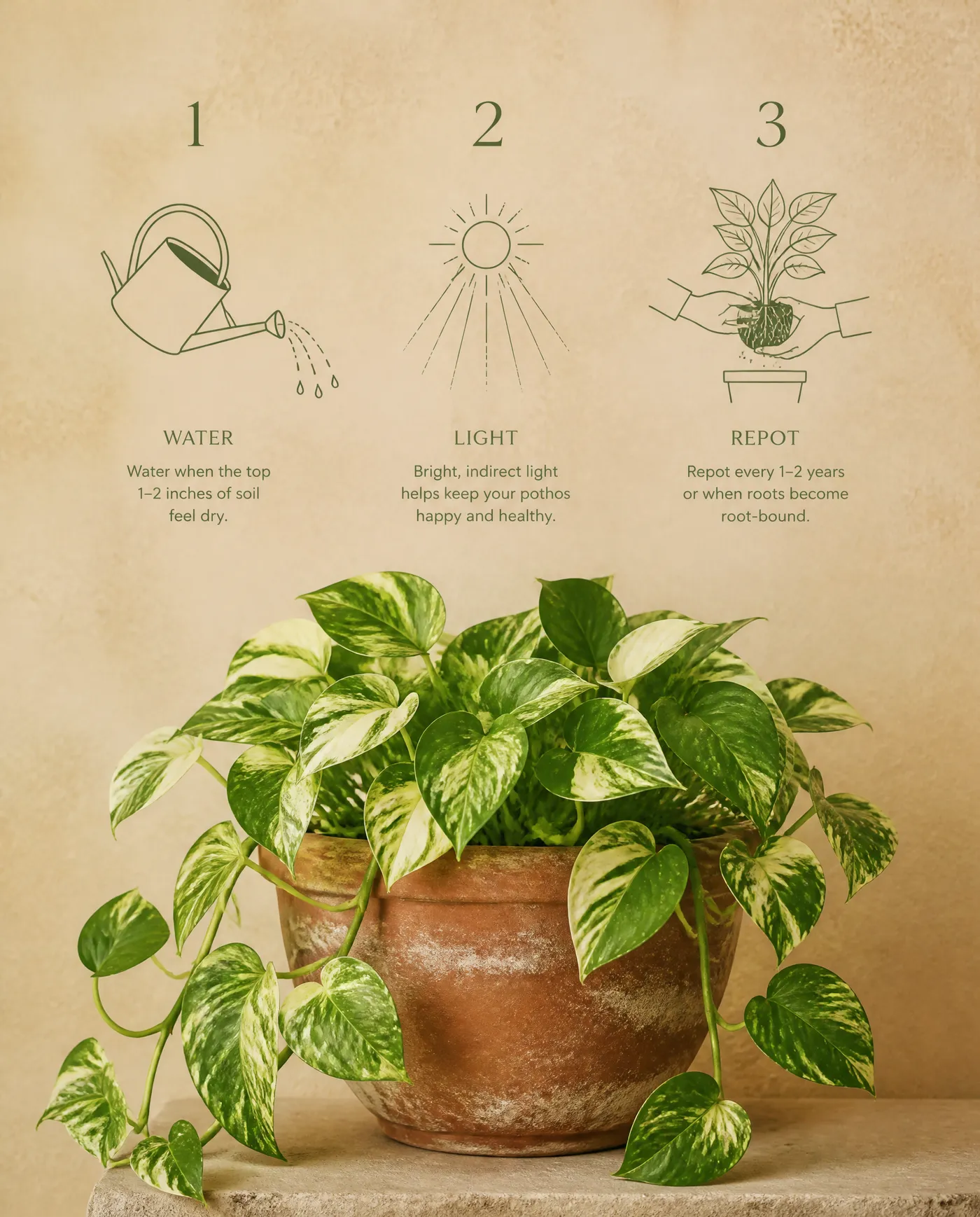 Carousel explainer slide with three numbered illustrations for water, light and repotting above a potted pothos, 4:5 slide created with getimg.ai