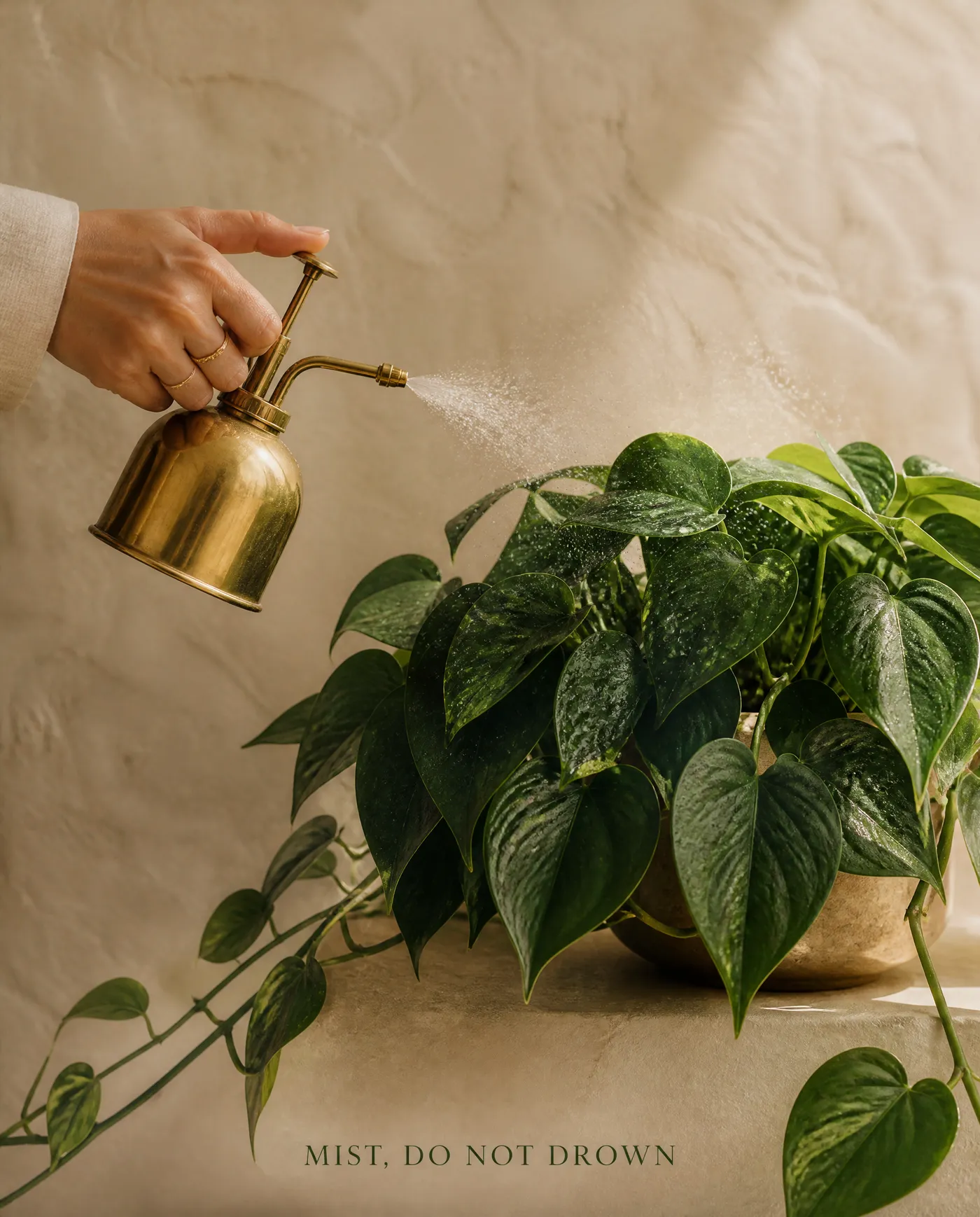 Carousel slide showing a hand misting pothos leaves with a brass spray bottle and the caption MIST, DO NOT DROWN, 4:5 slide created with getimg.ai