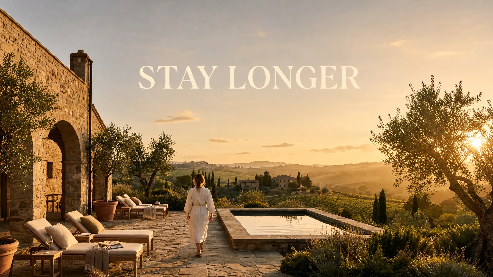 The hotel terrace campaign visual reworked for social with a cream STAY LONGER headline set in the open sky, repurposed from an existing asset in getimg.ai