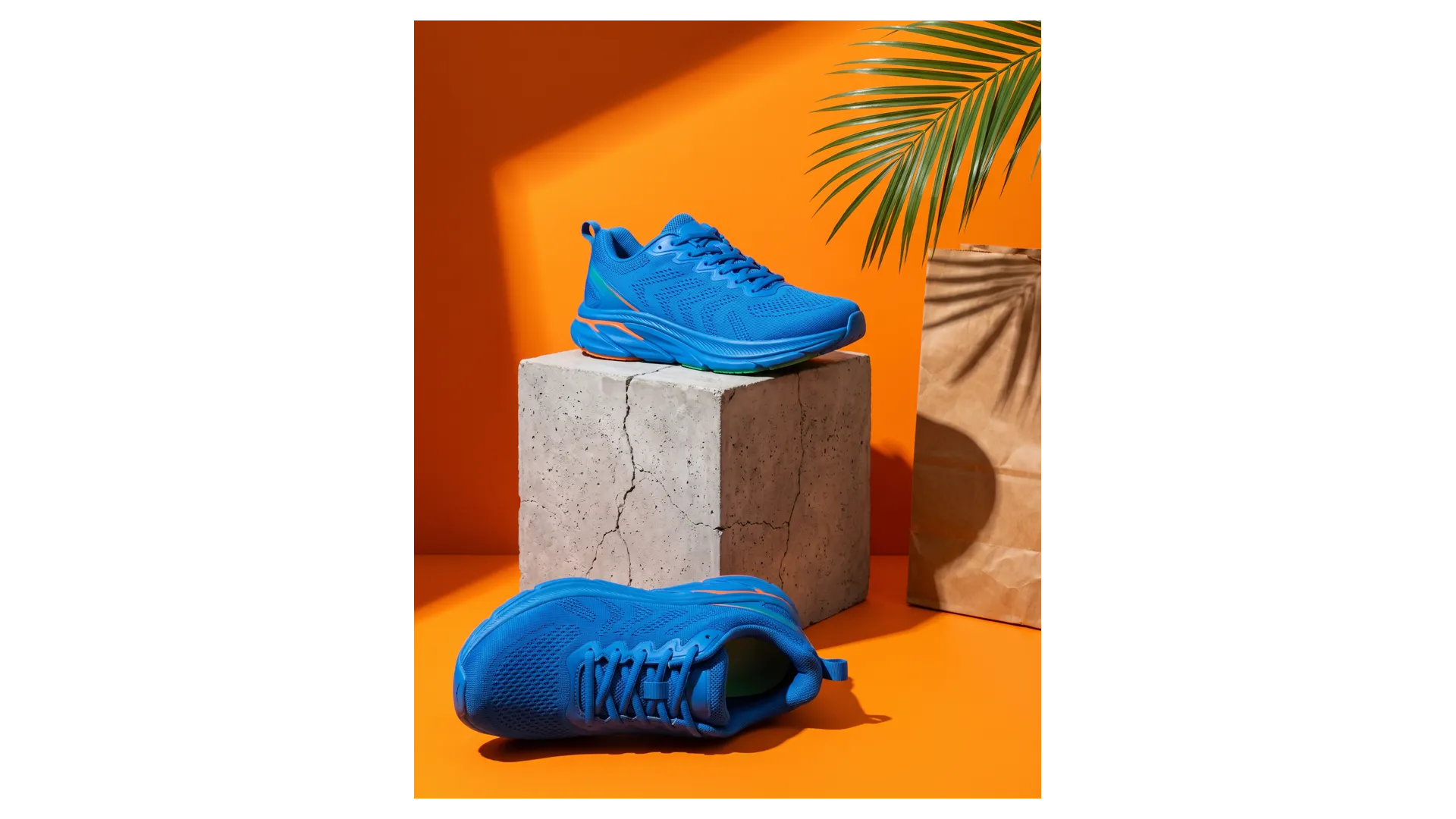 Electric-blue sneaker product visual shown at 4:5 feed proportions on a transparent wide canvas, format adaptation example created with getimg.ai