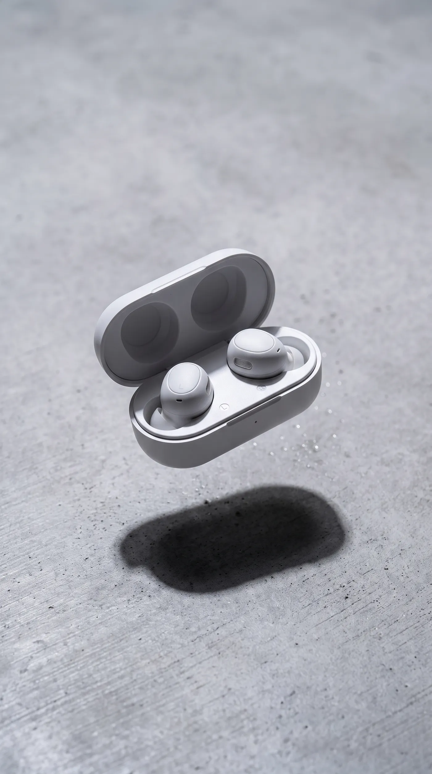 Vertical opening frame showing a white wireless earbud charging case suspended mid-air above concrete with its lid open, 9:16 hook variation created with getimg.ai from a product reference