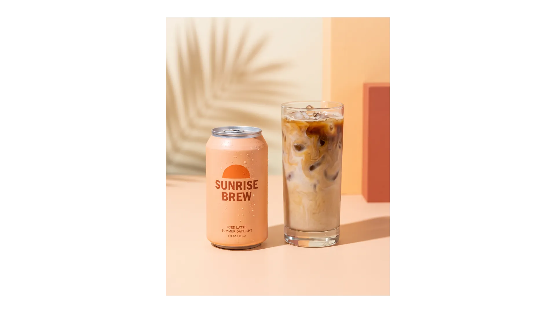 Sunrise Brew iced latte can and glass shown as a 4:5 feed visual centred on a transparent wide canvas, social asset created with getimg.ai