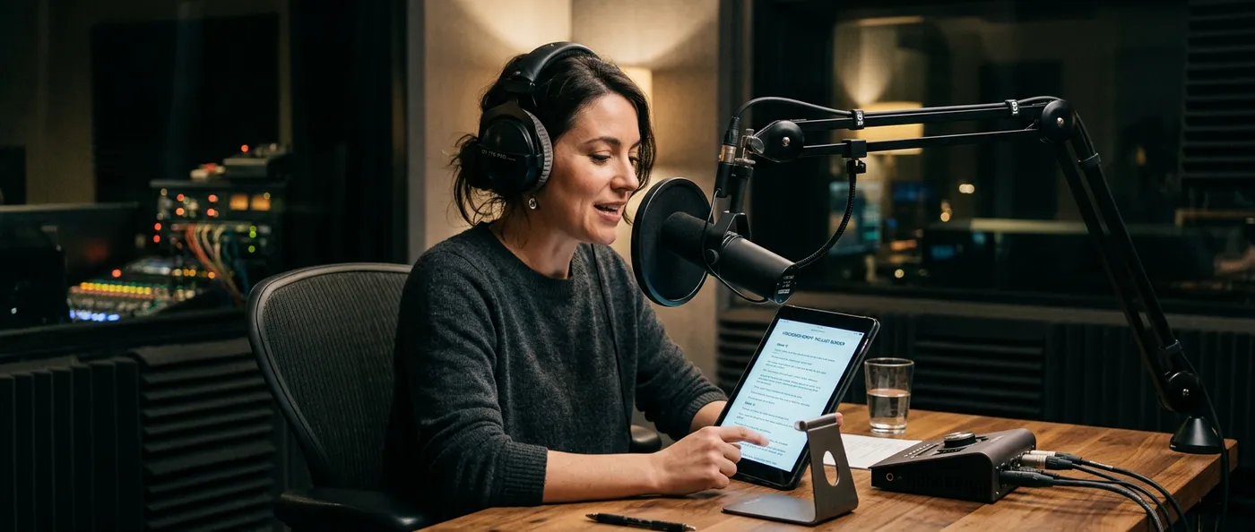 Voiceover artist at a broadcast microphone with headphones in a recording studio