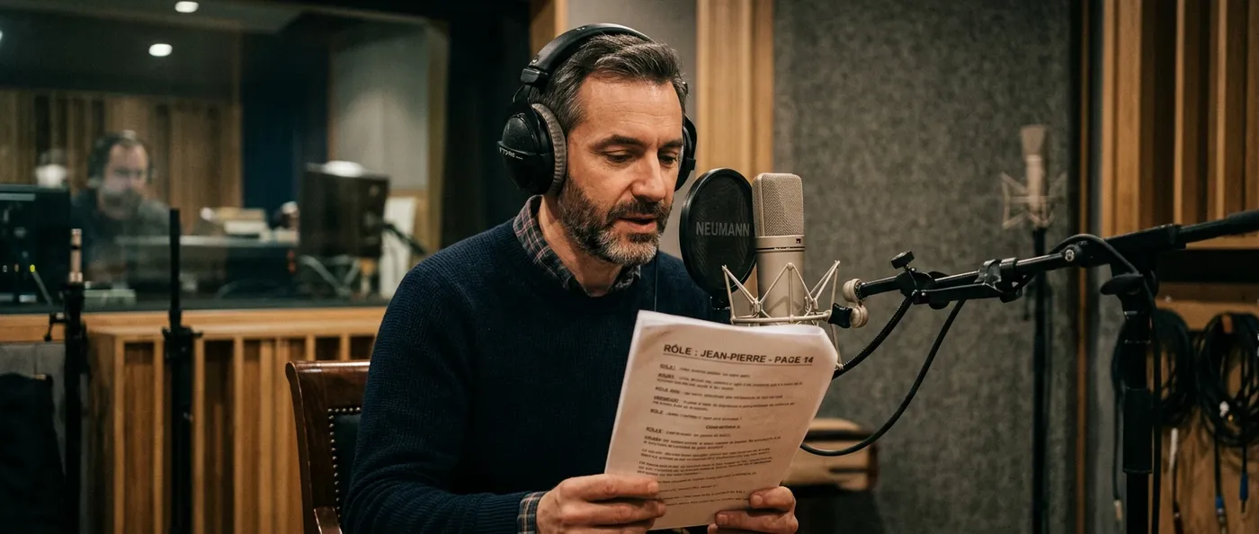 French voice actor recording in a professional studio booth