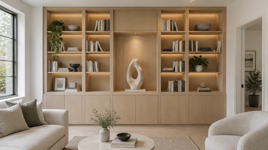Pale wood bookcase with lower cabinets and a lit sculpture niche between a window and doorway.