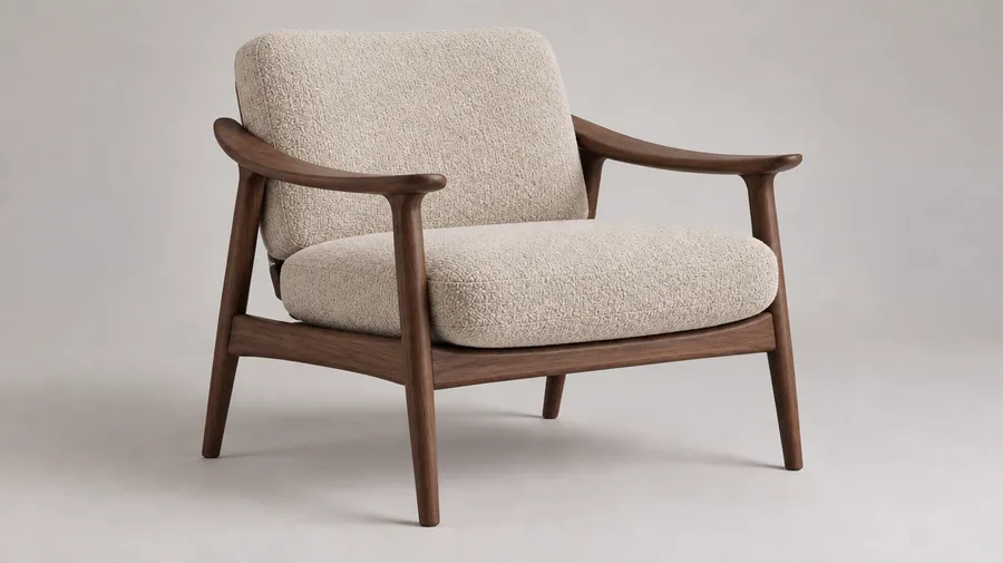 Oatmeal textured armchair cushions on a dark wood frame with curved arms against a gray studio background.