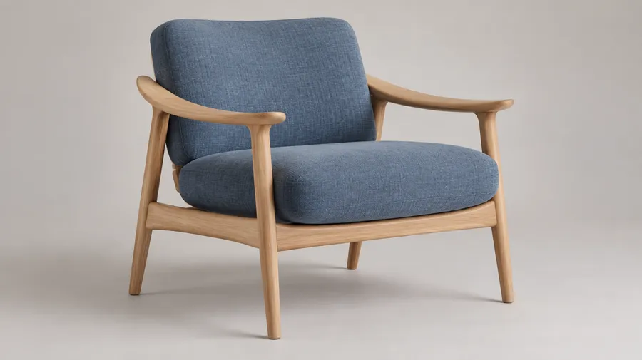 Blue upholstered armchair with a pale wood frame and curved arms on a gray studio background.