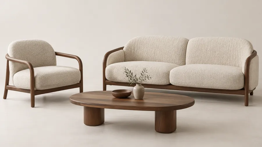 Cream upholstered wood-frame armchair and sofa behind an oval wood coffee table.