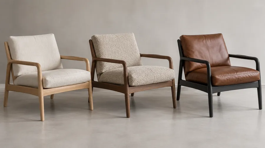 Three wood-frame chairs with cream, oatmeal and brown upholstery against a pale studio backdrop.