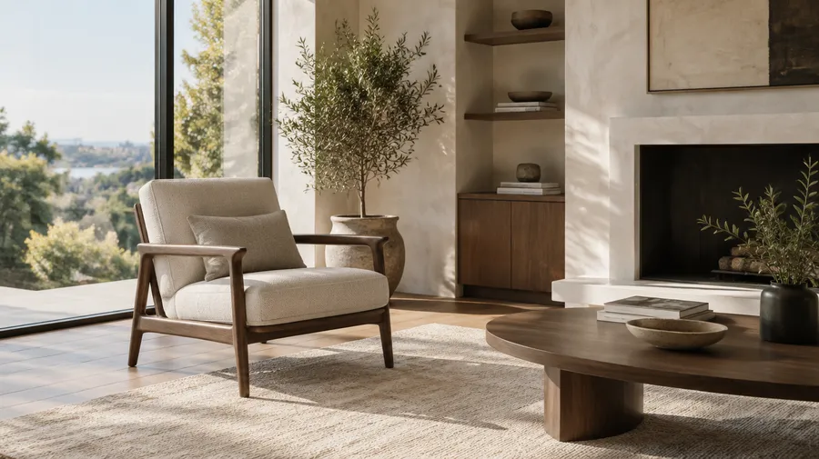 Pale upholstered wood-frame armchair beside a tall window, fireplace and low wood coffee table.