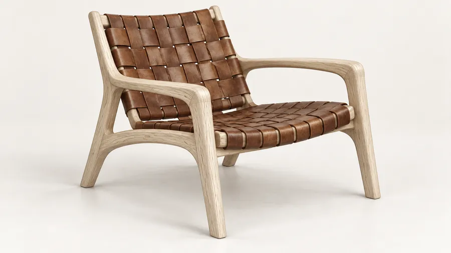 Pale wood armchair with curved arms and a woven brown leather seat and backrest on an off-white background.