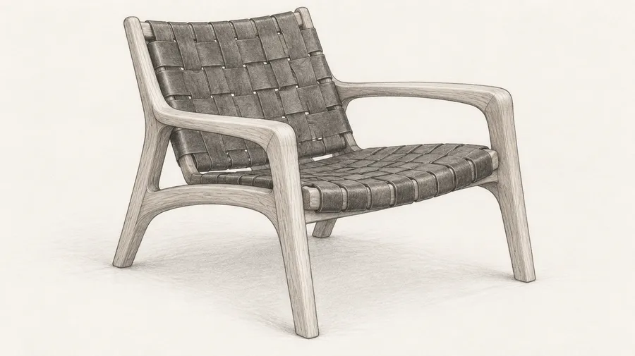 Graphite sketch of an armchair with curved arms and a woven seat and backrest.