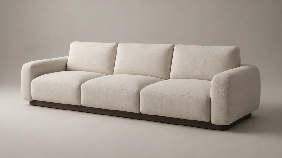 Cream sofa with three seat cushions, three back cushions, rounded arms and a dark recessed base.