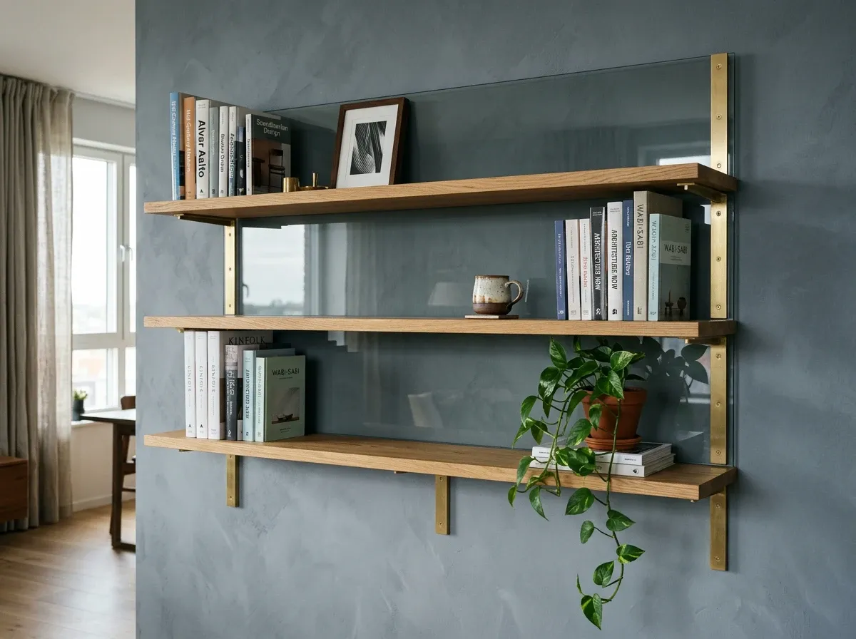 Wall-mounted oak shelving with smoked-glass back and brushed brass L-brackets in an apartment