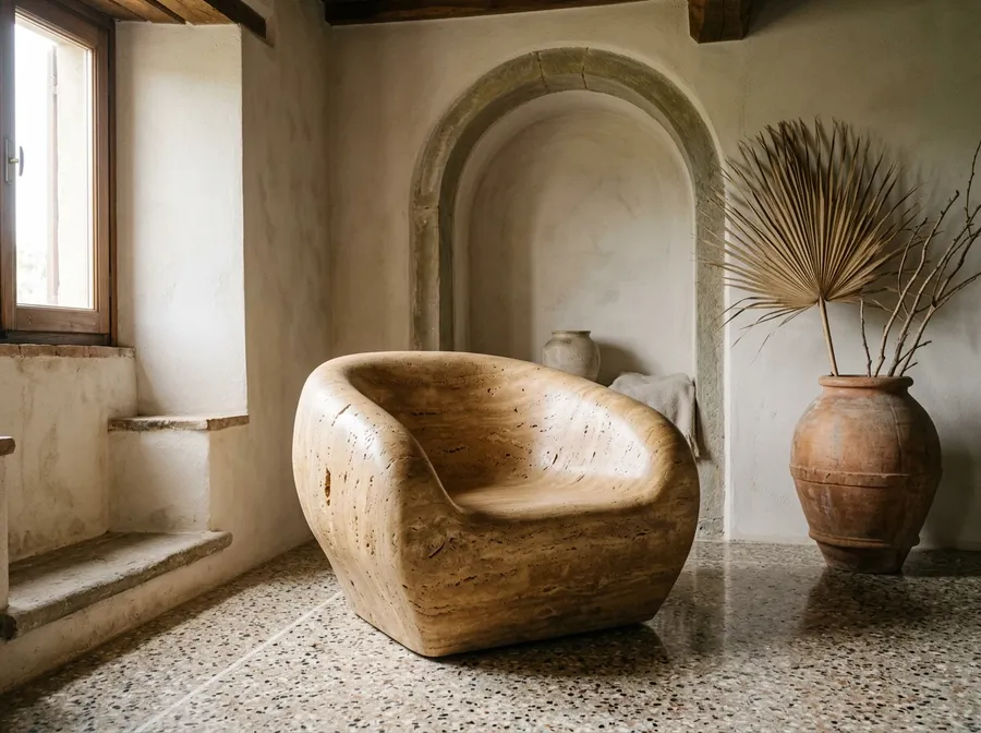 Sculptural one-piece travertine accent chair in a sunlit Italian villa with terrazzo floor