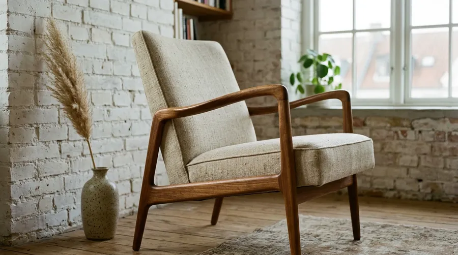 Mid-century walnut armchair with oat linen upholstery in a sunlit Copenhagen loft