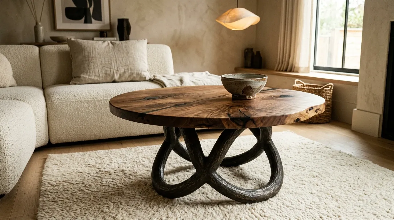 Round live-edge walnut coffee table on a cast-bronze base in a sunken living room