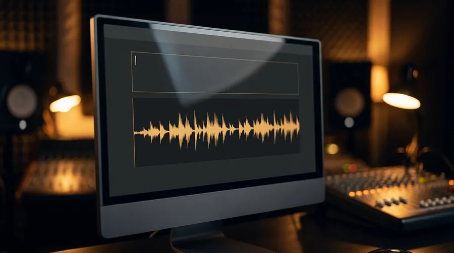 A studio monitor showing a glowing audio waveform below an empty text prompt field with a blinking cursor, representing music generated from a written prompt. Image generated with getimg.ai.