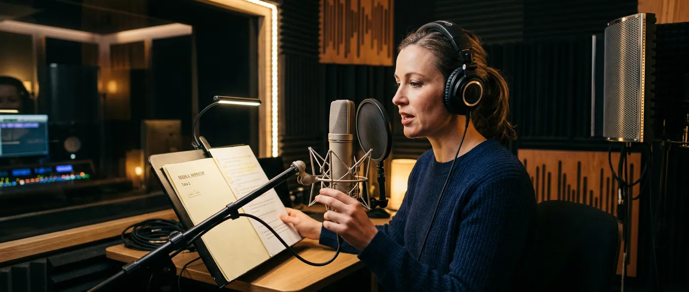 Voice actor in a studio booth recording into a condenser microphone with headphones