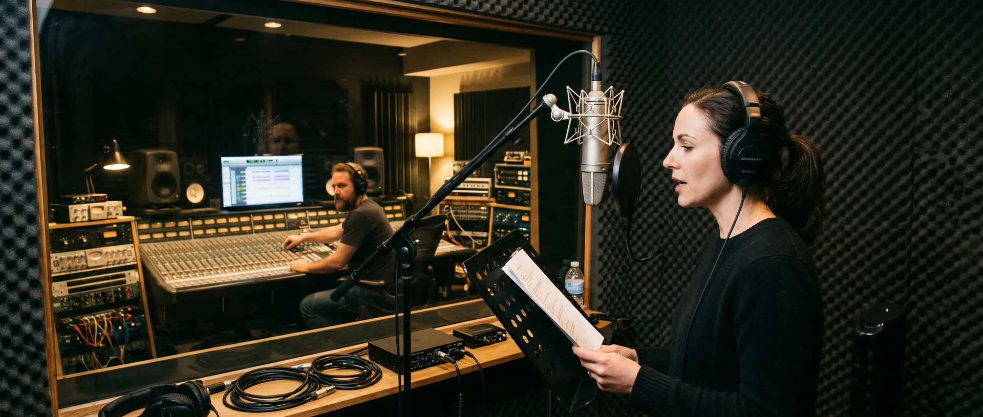 A voice actor reads a script at a studio microphone while an engineer works at a mixing console behind glass