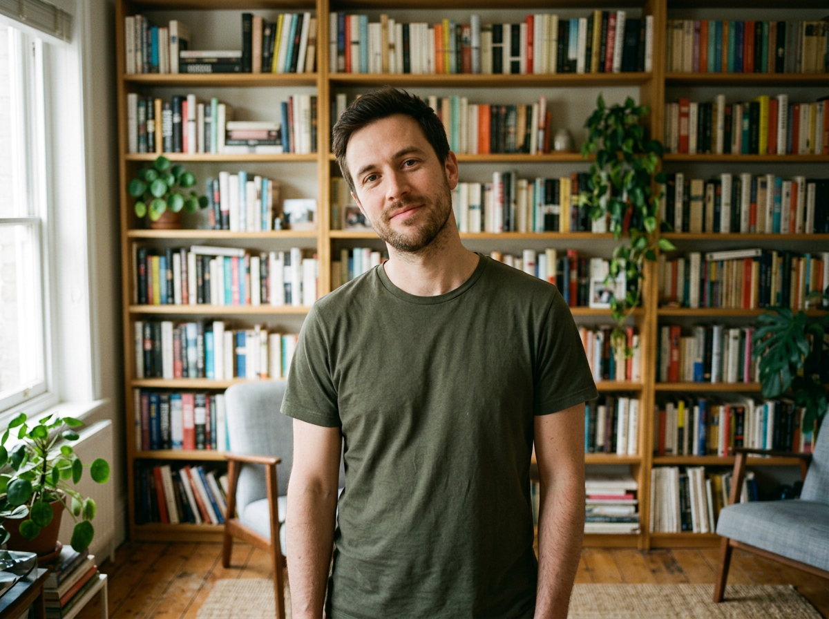 Casual home photo of a man in front of a bookshelf, used as a reference for AI headshot generation