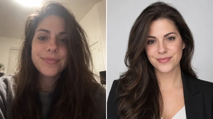 Side by side: a blurry indoor phone selfie of a woman and a lit studio headshot of her