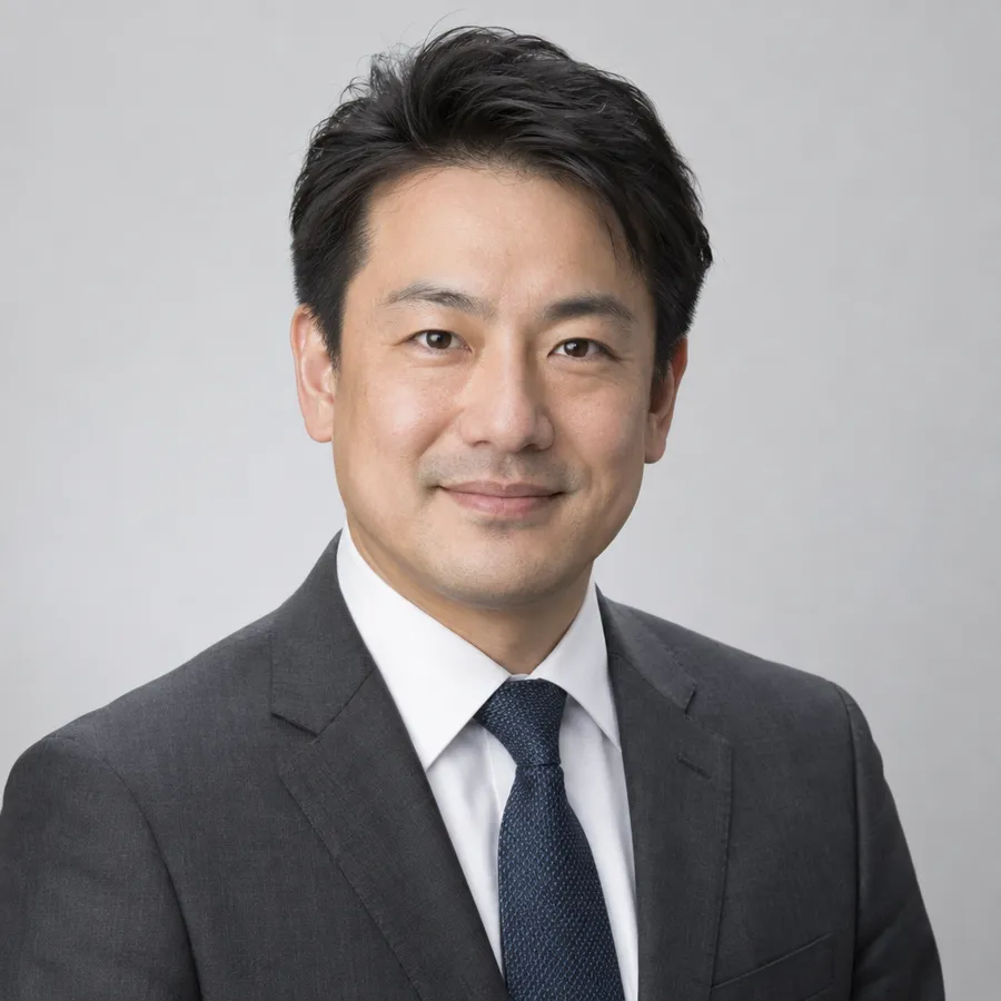 Headshot of a man in a charcoal suit and tie on a light grey studio backdrop