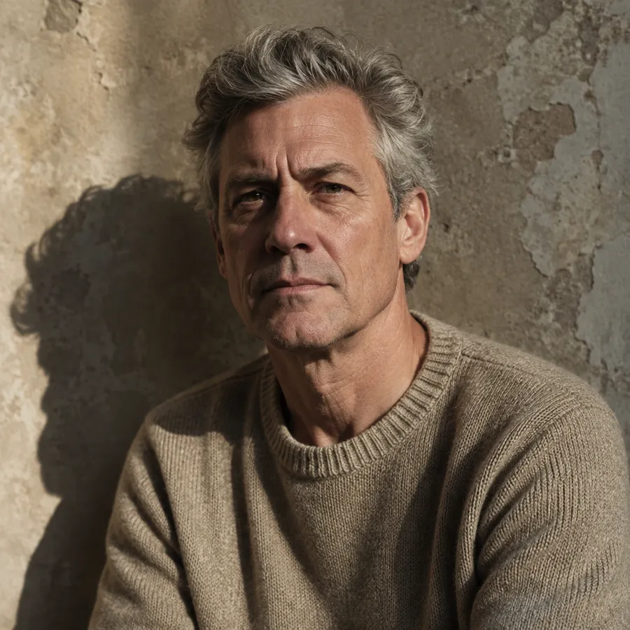 Editorial portrait of a grey-haired man in a beige knit sweater against a plaster wall