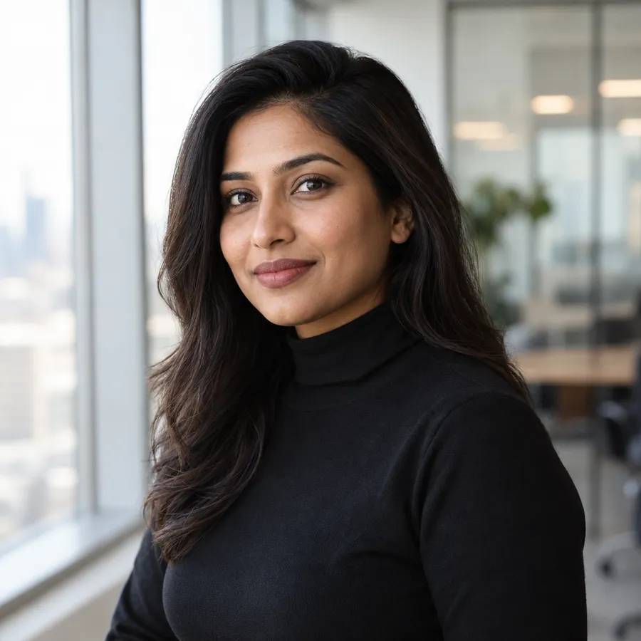 Headshot of a woman in a black turtleneck with a blurred glass office behind her