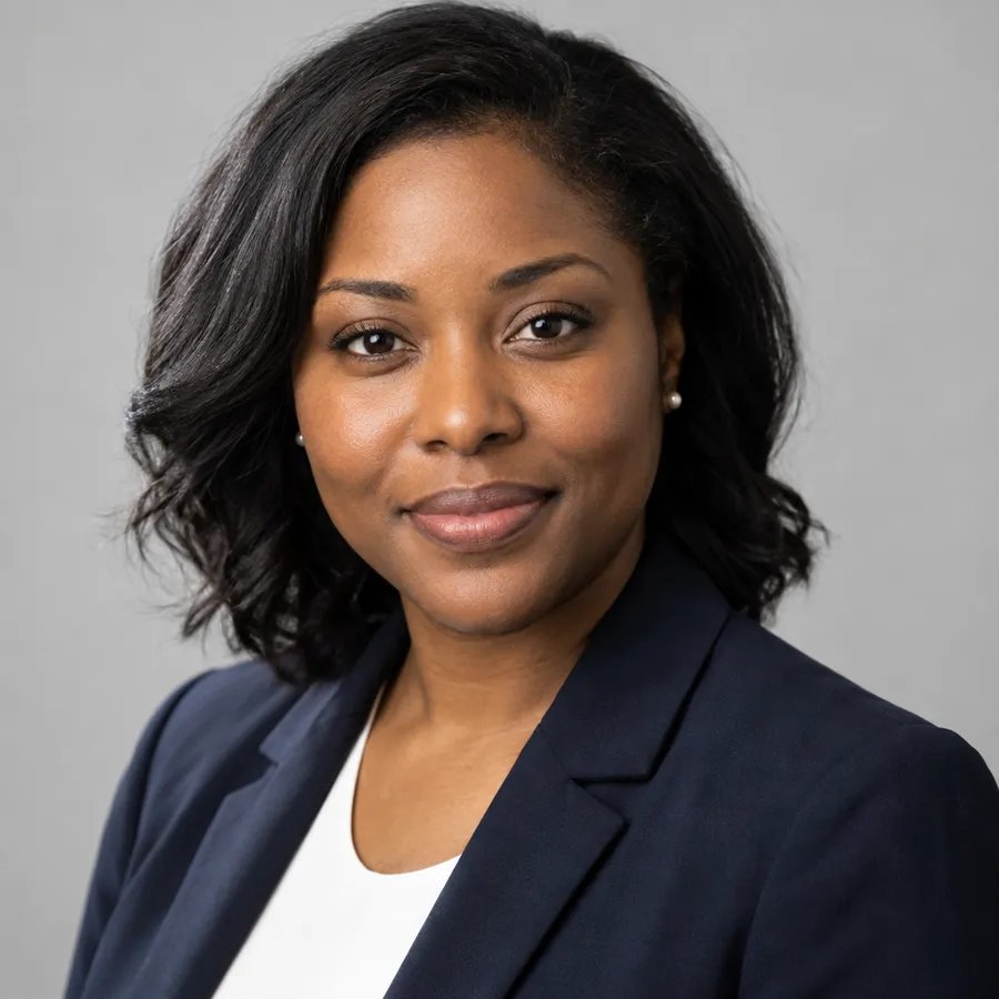 Studio headshot of a woman in a navy blazer and white shirt on a grey background
