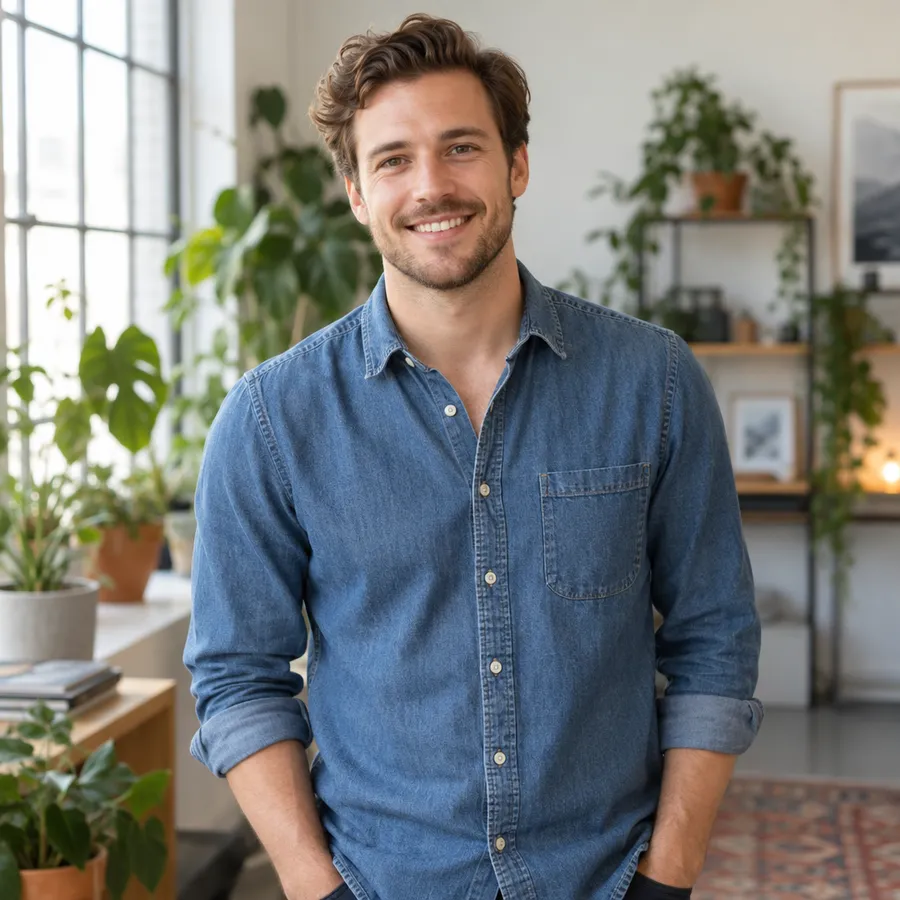 Headshot of a man in a denim shirt in a studio with plants blurred behind him