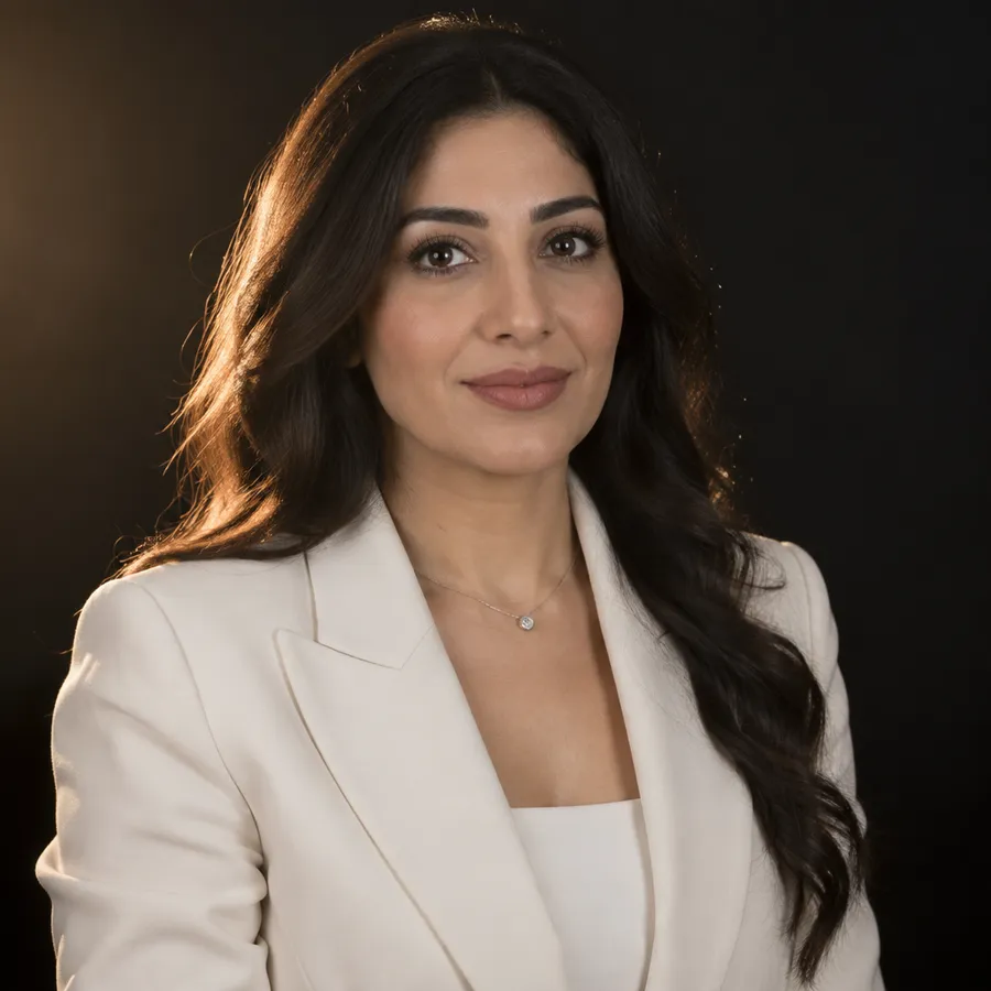 Headshot of a woman in a cream blazer lit from behind against a dark background