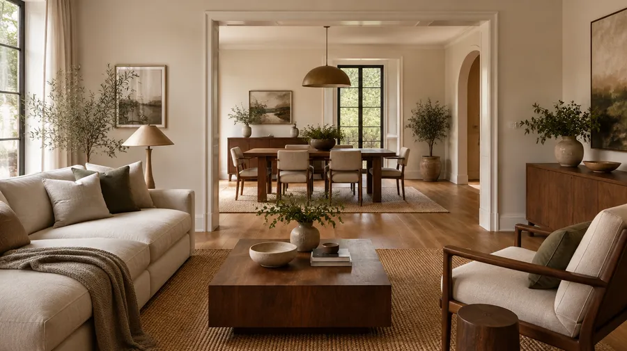 Adjoining living and dining rooms with cream seating, walnut furniture, oak floors and black-framed windows