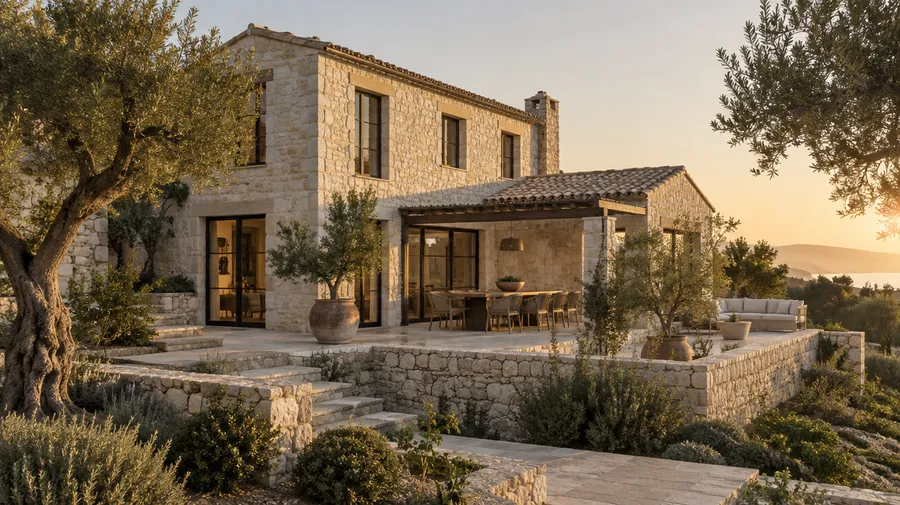Limestone house with a tiled roof, dark window frames, stone terrace and olive trees in evening light
