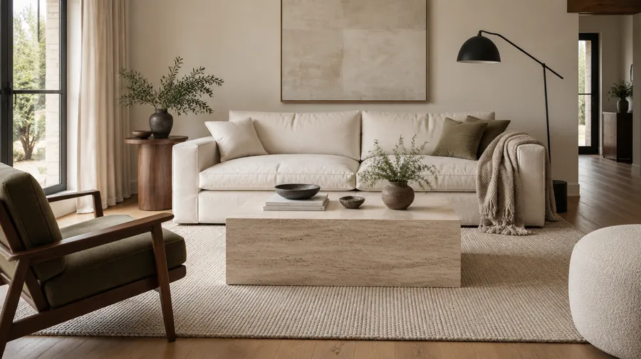 Lounge with a cream sofa, travertine coffee table, olive armchair, black floor lamp and oak flooring
